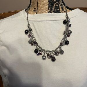 Glass Silver Tone Necklace With Amethysts And Glass Beads Necklace 22” Long